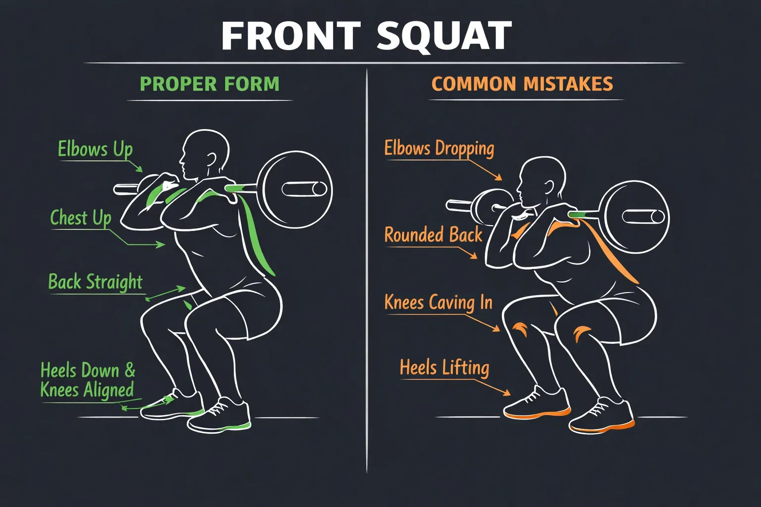 Side by side diagram of front squat form. Left figure shows elbows up, chest up, back straight, heels down and knees aligned. Right figure shows elbows dropping, rounded back, knees caving in, and heels lifting.
